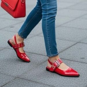 Steve Madden Smokee Red Slingback Flats | Silver Buckle Detail Sz 6.5 Vegan NWB